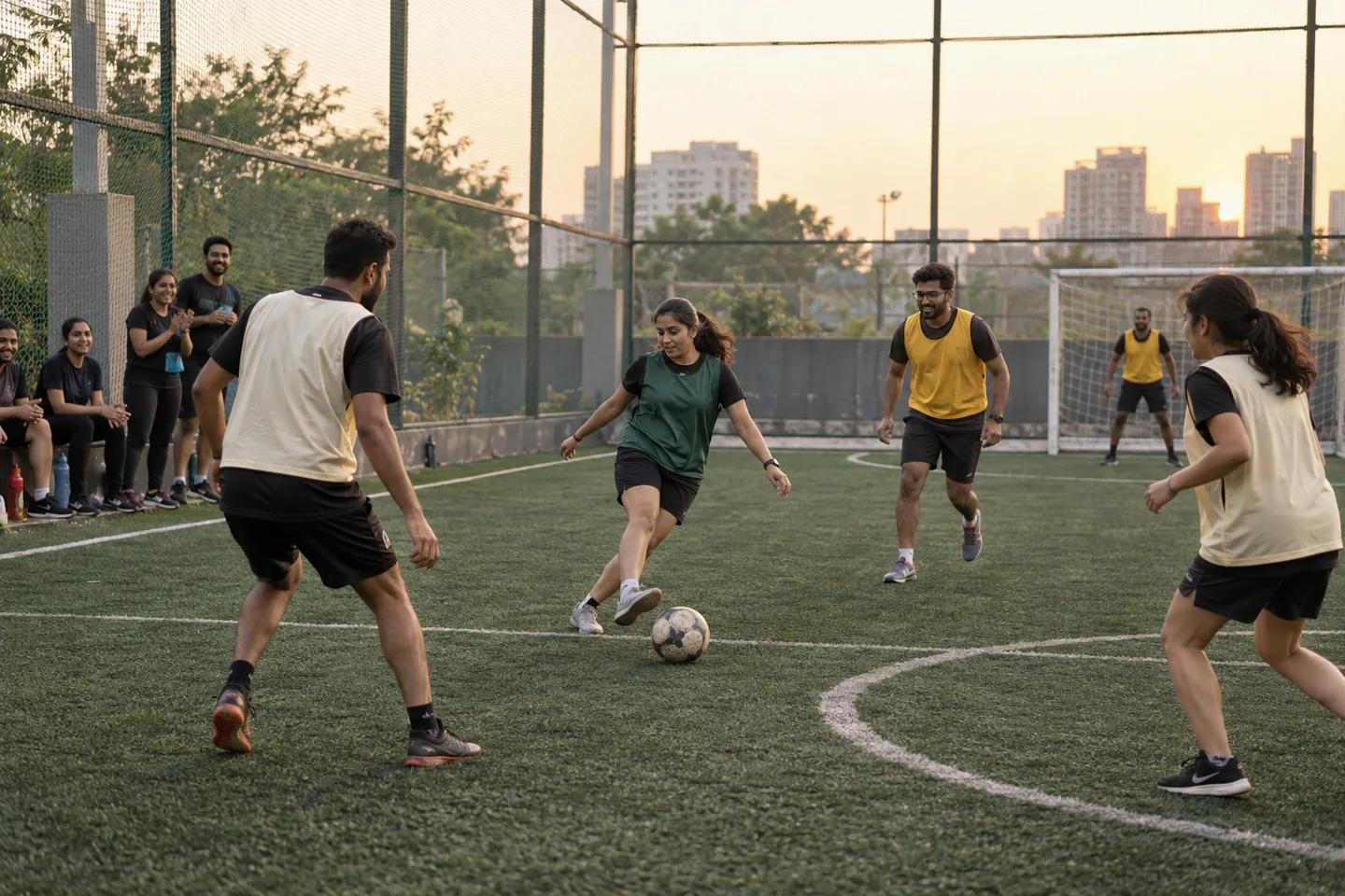 Coworkers playing a friendly futsal game on an outdoor turf